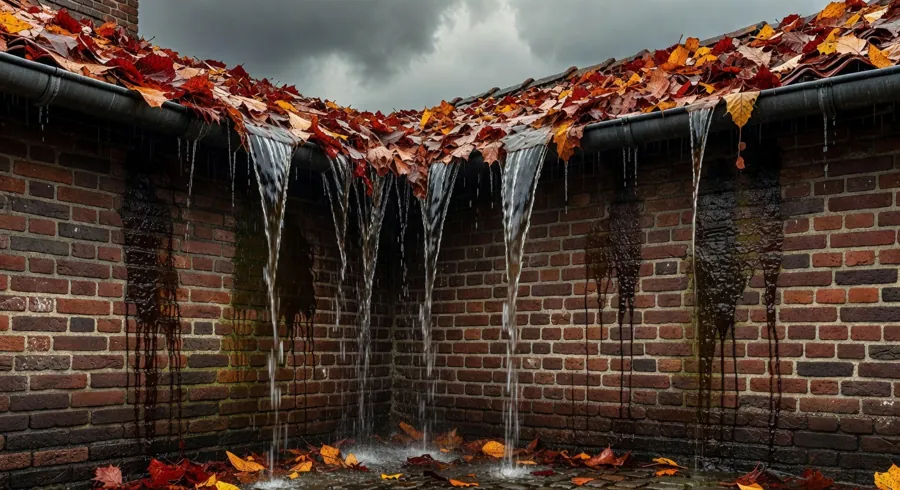 Clogged rain gutter filled with leaves and overflowing water