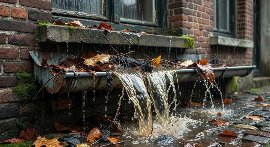 Rain gutter overflowing with water near the roof edge
